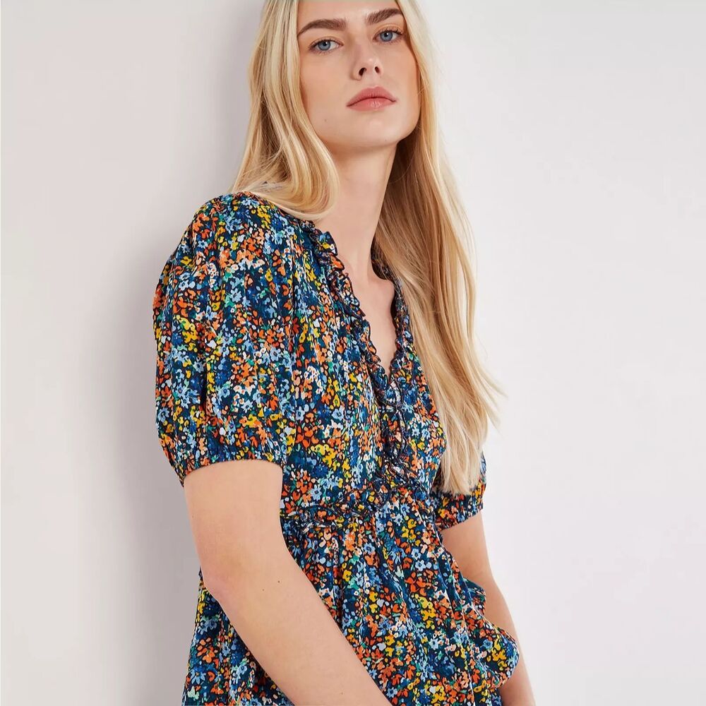 Apricot Watercolour Ruffle Floral Tiered Mini Dress, Size 4 (C5)